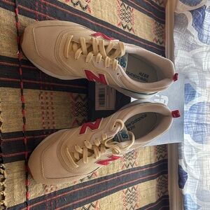 New Balance Cream and Red Athletic Shoes